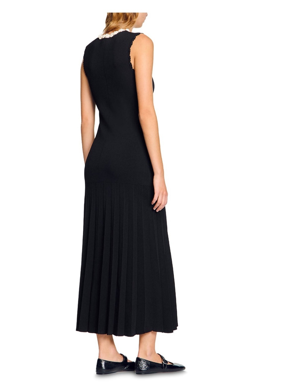 SANDRO Scalloped-Trim Knitted Black & White Floral Detail Maxi Dress Size 34 - Picture 4 of 13